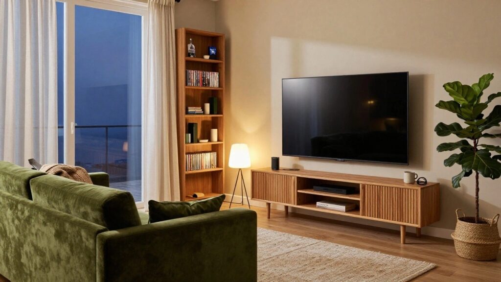 Light wood media console with TV, speakers, and media below it in a living room with green velvet armchairs, fiddle leaf fig plant in basket, beige rug, wood floors, and balcony doors.