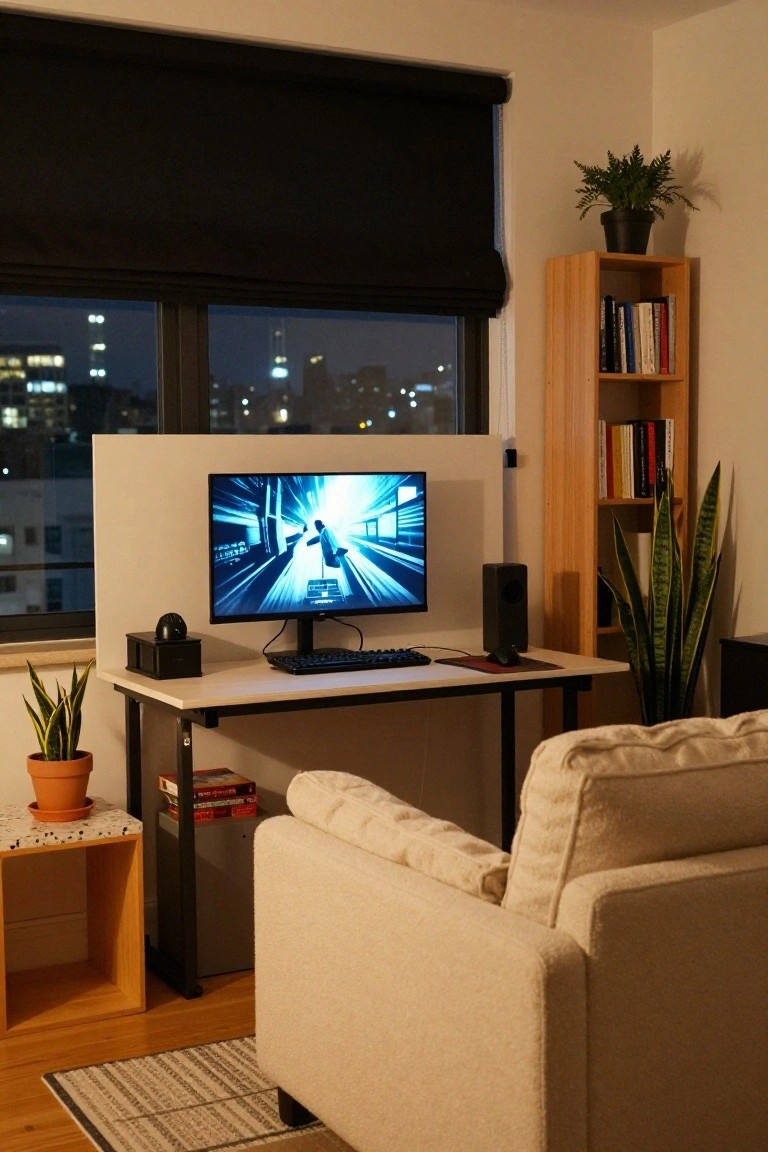 A cozy living room corner featuring a white desk with a gaming monitor, keyboard, and mouse, flanked by several potted snake plants, a bookshelf with books, a beige armchair, and large windows showing a nighttime city skyline.
