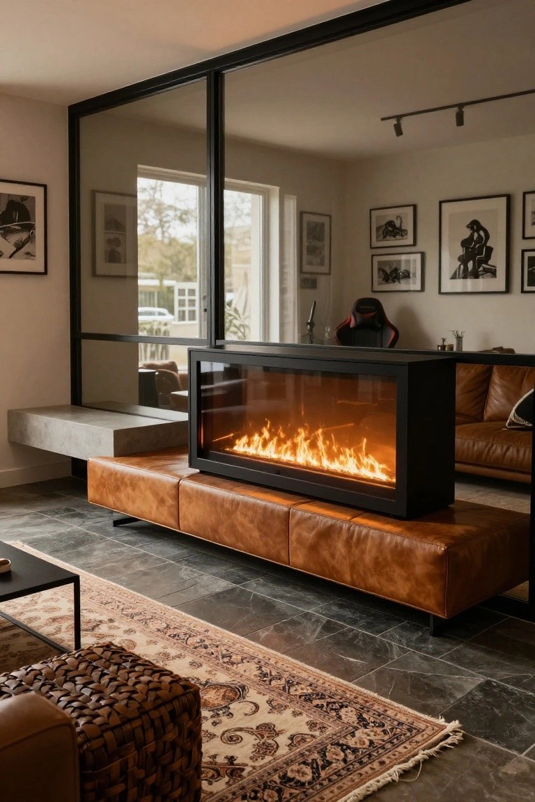 Contemporary living room interior with a black-framed linear gas fireplace showing orange flames, tan leather bench and wicker ottoman in front, red gaming chair nearby, glass partition doors, wall art, and track lighting.