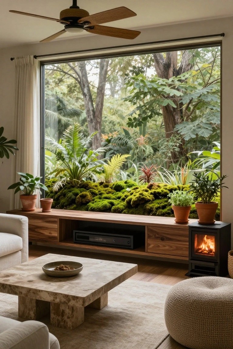 Living room interior with large floor-to-ceiling window showing dense tropical greenery outside, wooden bench under window topped with moss and potted plants, TV console built into bench, wood-burning stove beside it, white sofa, stone coffee table, and ottoman on wood floor.
