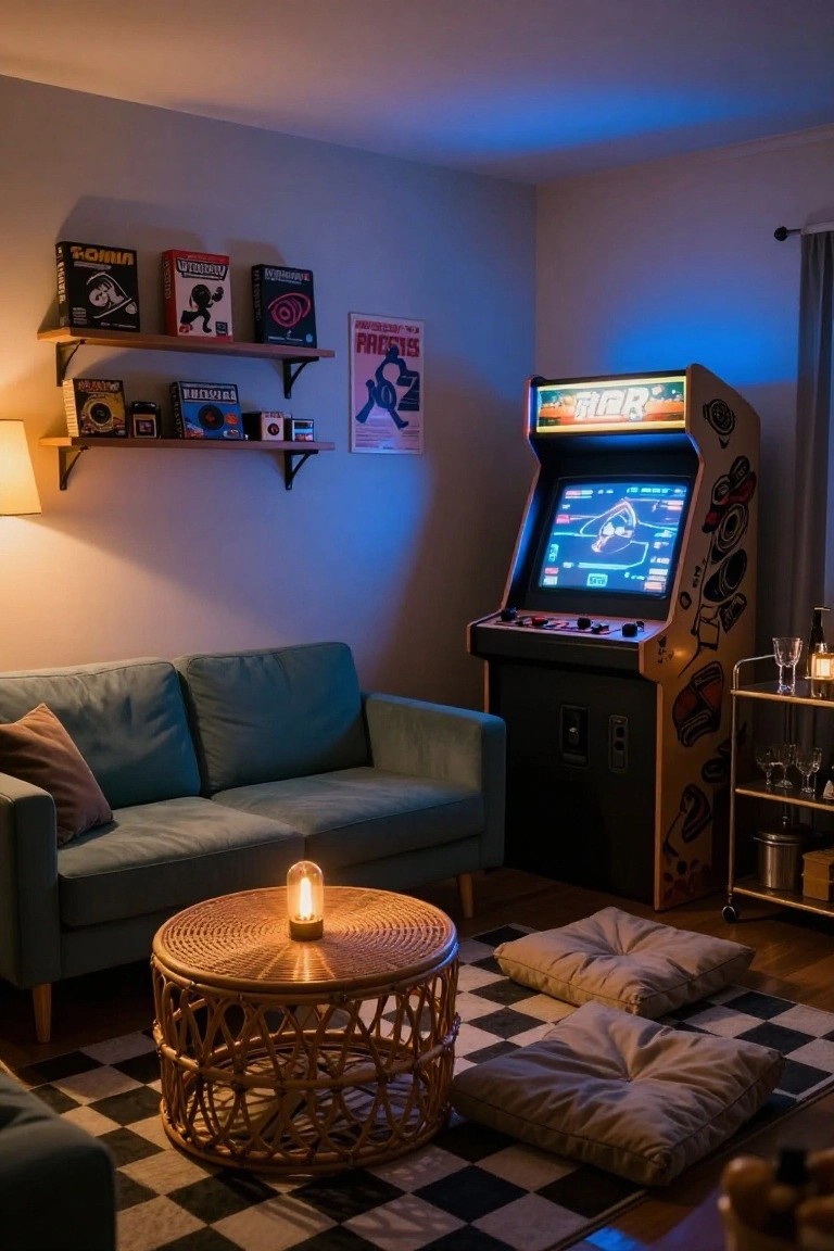 A cozy living room with a glowing Star Wars arcade machine cabinet, teal sofa, rattan coffee table with candle, beige floor cushions on black-and-white checkered rug, wooden shelves with board games, and bar cart with glasses.