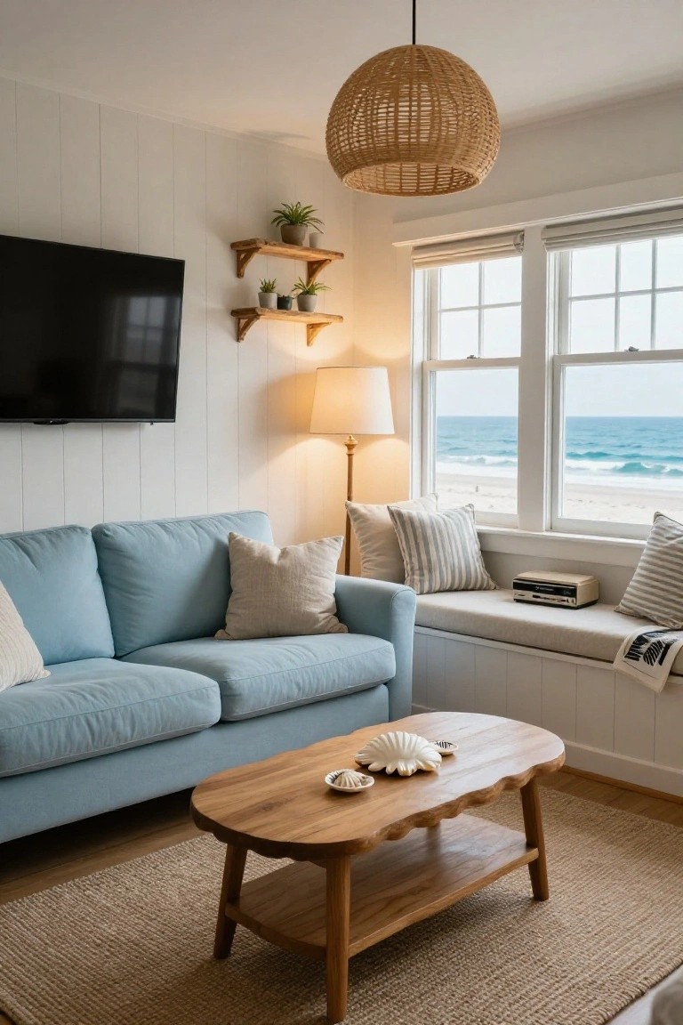 Cozy living room interior with light blue sofa, oval wooden coffee table holding shells, wall-mounted TV above floating shelves with potted plants, rattan pendant light, floor lamp, built-in window seat with record player and cushions, and large windows overlooking ocean waves and beach.