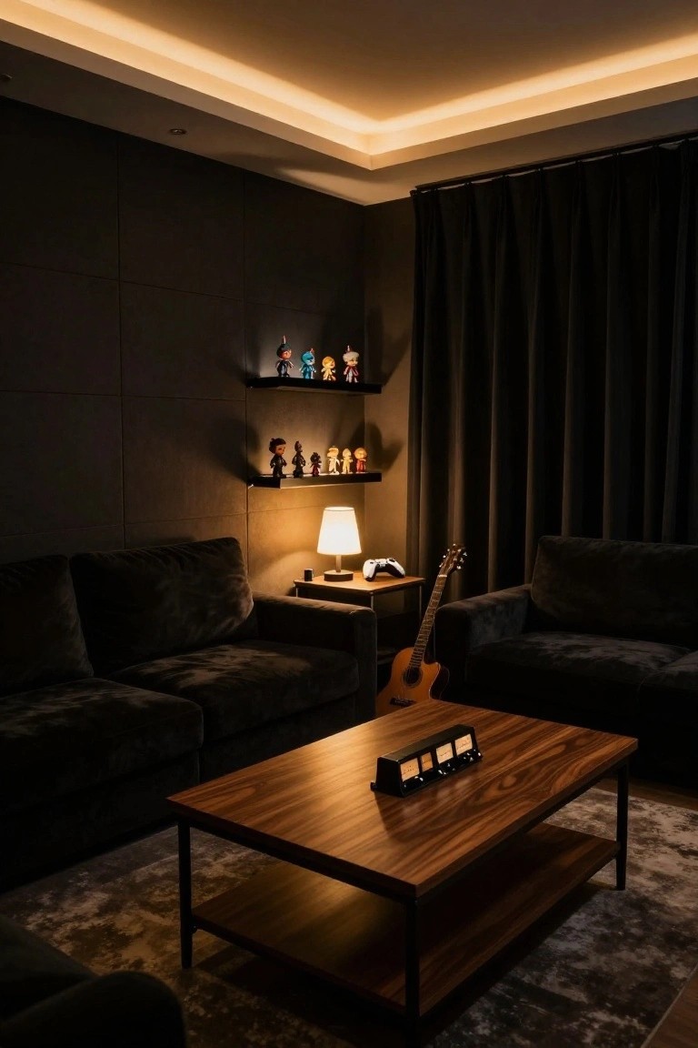 A modern living room with dark paneled walls, black velvet sofas around a wooden coffee table holding a four-screen display unit, a PlayStation controller on a side table, an acoustic guitar leaning nearby, shelves of figurines, black curtains, and warm illumination from ceiling LED strips and a white table lamp.