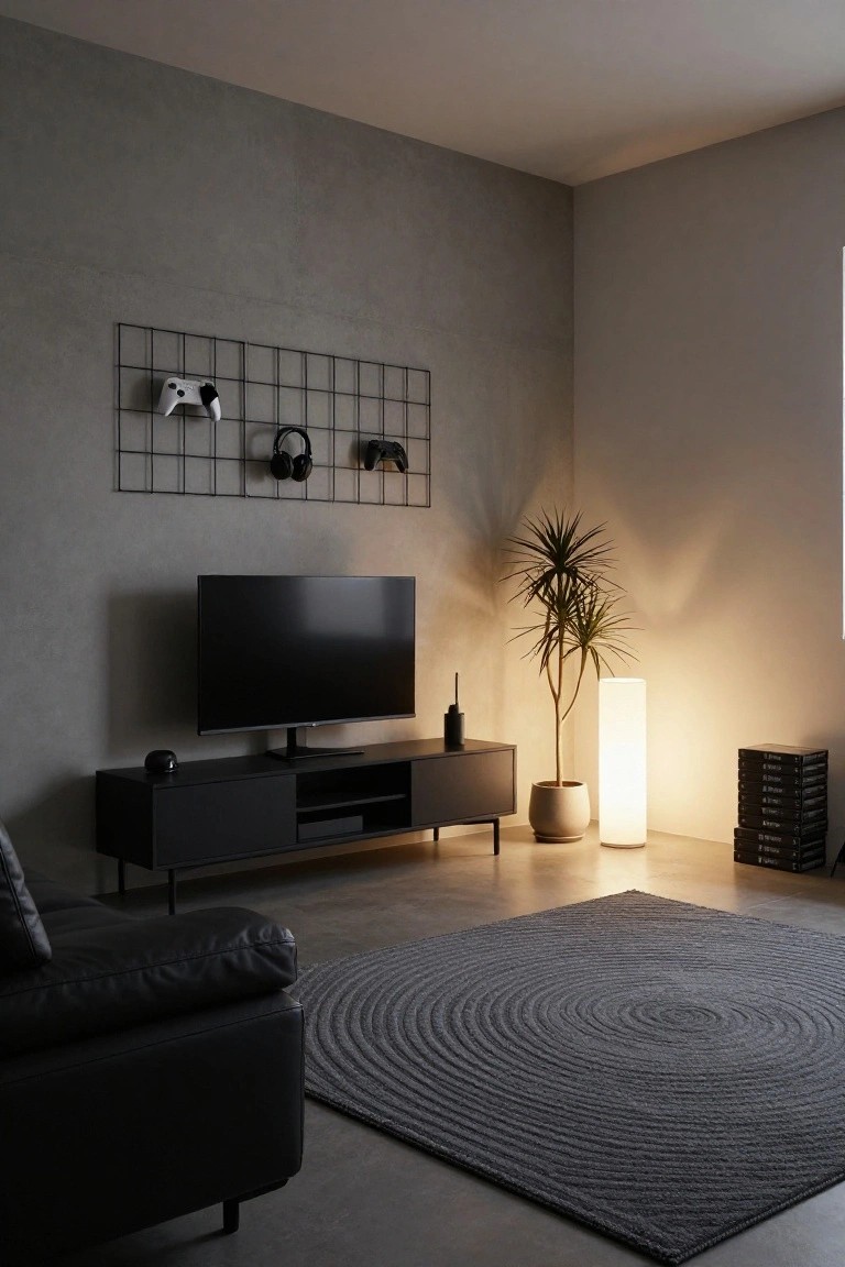 Modern gray corner living room with black TV stand holding a monitor, wall-mounted black metal grid displaying white Xbox controllers, black headset, tall potted plant with dracaena, white floor lamp, stack of black game cases, black leather armchair, and gray circular seagrass rug on polished concrete floor.