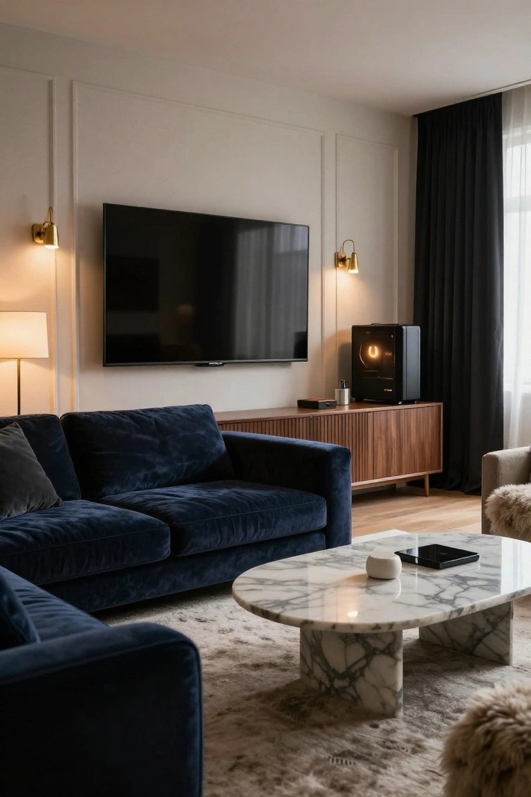Contemporary living room with navy velvet L-shaped sofa, walnut slatted media console holding black TV, gaming PC tower, and speakers, white marble oval coffee table, floor lamp, and black curtains.