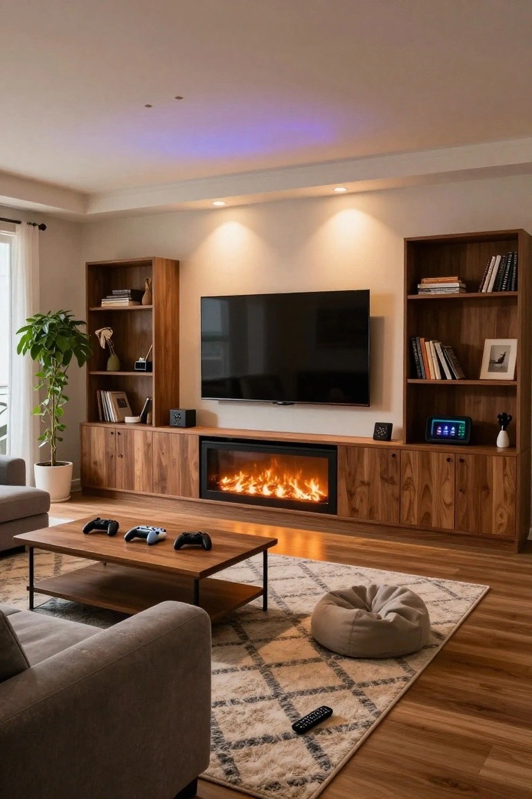 Living room featuring floor-to-ceiling walnut wood built-in cabinets and shelves around a wall-mounted TV and electric fireplace with flames, gray L-shaped sofa, wood coffee table with PlayStation controllers, bean bag chair, and patterned rug on wood floor.
