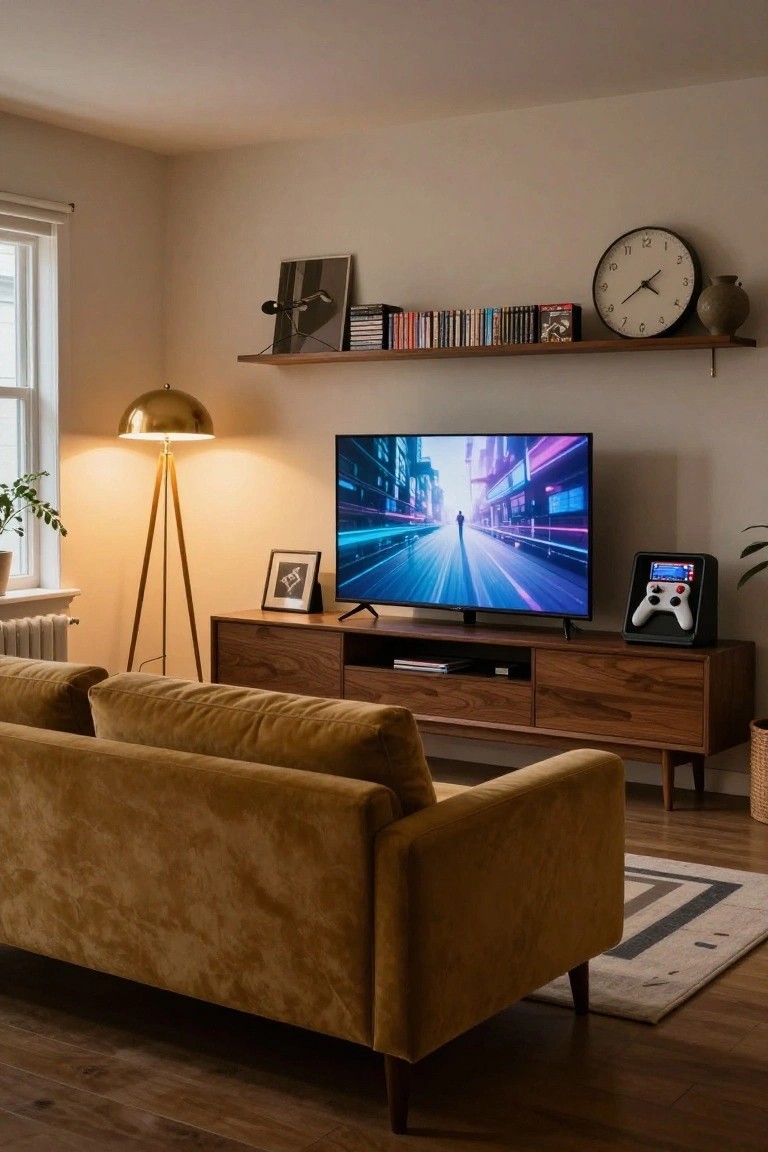 Living room featuring a mustard velvet L-shaped sofa, walnut media console and floating shelves with books and DVDs, wall-mounted TV displaying a neon-lit racing game scene, gold arc lamp, and black gaming controller dock.