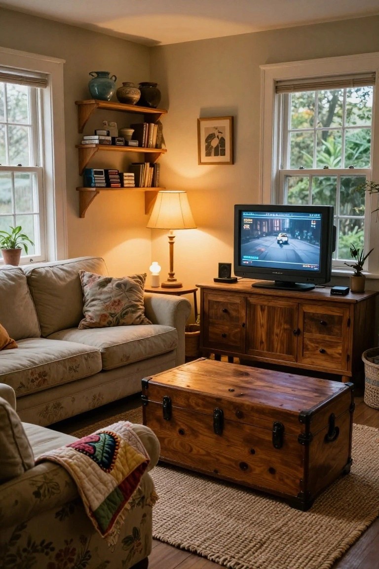 Cozy living room with beige sofa, colorful quilt, wooden trunk coffee table, wooden media console holding CRT television showing racing game, bookshelves with books and pottery, table lamps, potted plants, and windows with blinds.