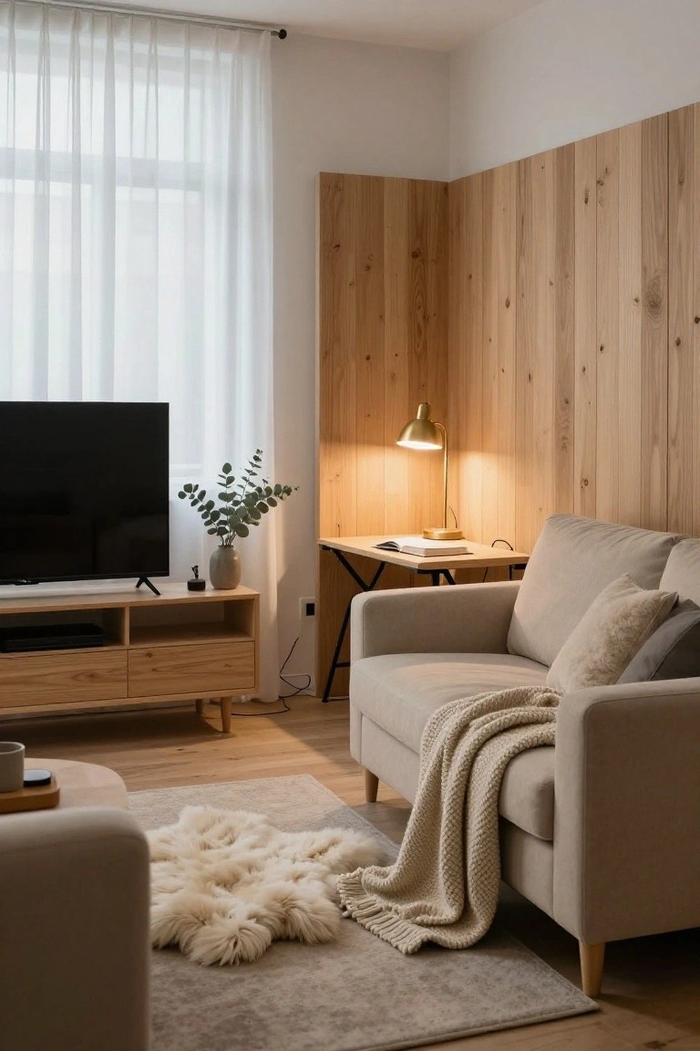 Cozy living room corner with light vertical wood paneling on walls, beige sofa with throw blanket and pillows, wooden TV stand with screen, sheepskin rug on floor, side table with lamp, and sheer curtains on window.