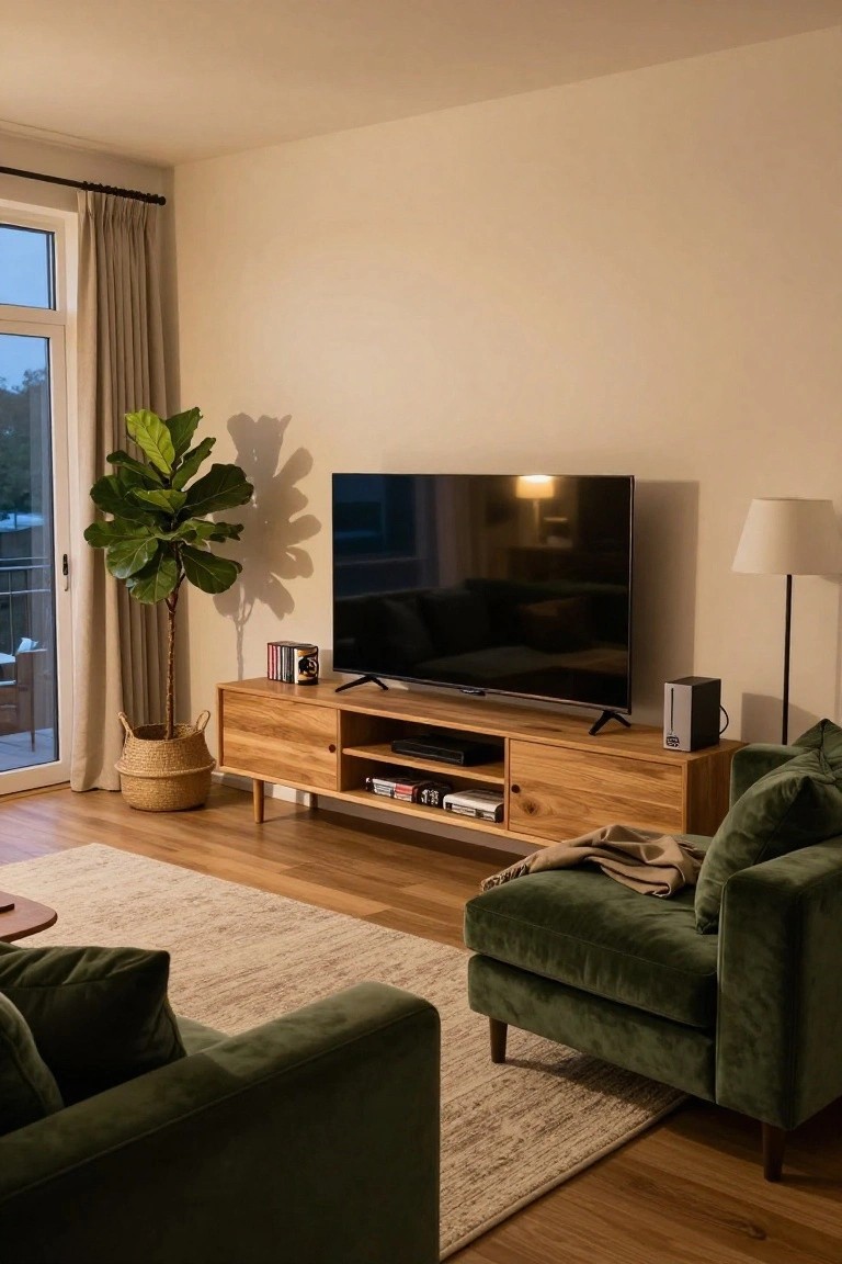 Light wood media console with TV, speakers, and media below it in a living room with green velvet armchairs, fiddle leaf fig plant in basket, beige rug, wood floors, and balcony doors.