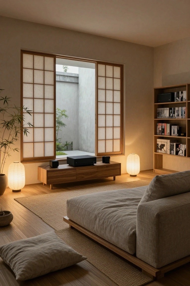 Minimalist Japanese living room with sliding shoji screens open to a courtyard garden, low wooden media console holding black AV receiver and speakers, beige low-slung sofa, floor cushions, paper lanterns, and bookshelves.