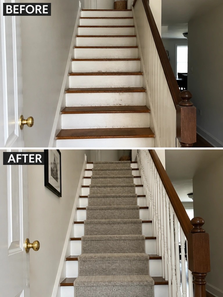 Before and after staircase with new gray patterned carpet installed.