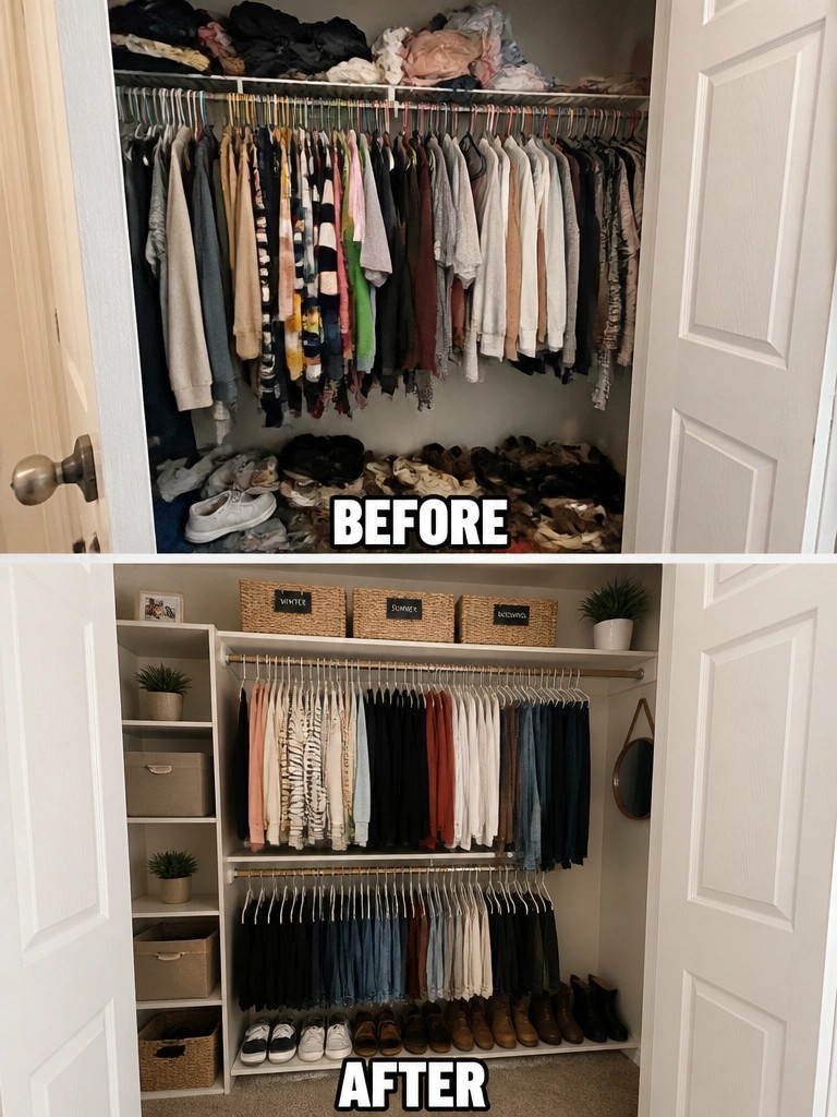 Before-and-after image of a cluttered closet transformed into an organized space with double hanging rods, labeled storage baskets, and side shelving.