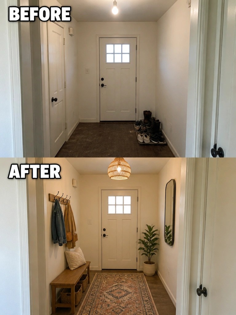 Before and after entryway renovation with bench, rug, mirror, and hooks.