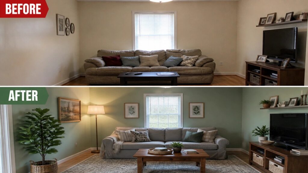 Before-and-after image of a living room updated with green paint, a large rug, a floor lamp, and layered pillows on a new sofa.