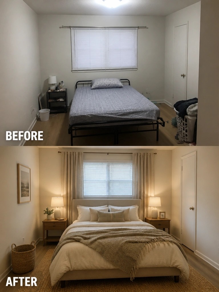Before-and-after image of a basic bedroom transformed with curtains, a rug, lamps, nightstands, and an upholstered bed.