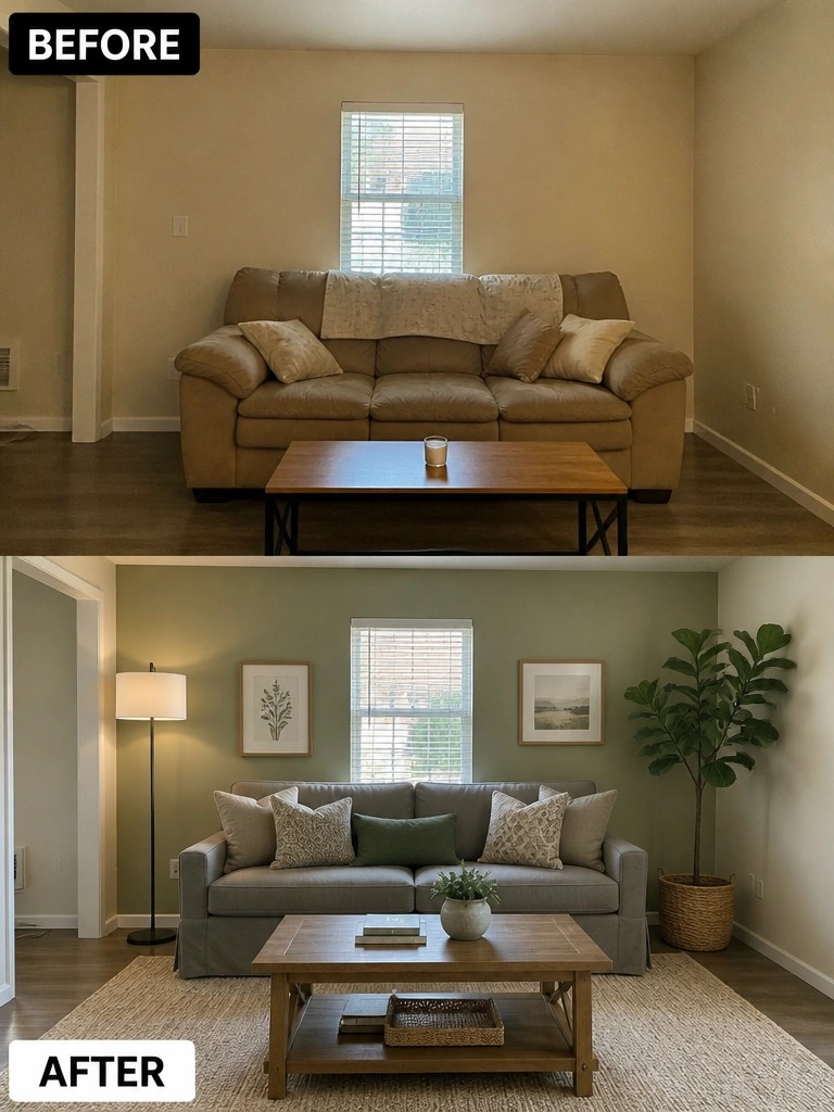 Before-and-after image of a living room updated with green paint, a large rug, a floor lamp, and layered pillows on a new sofa.