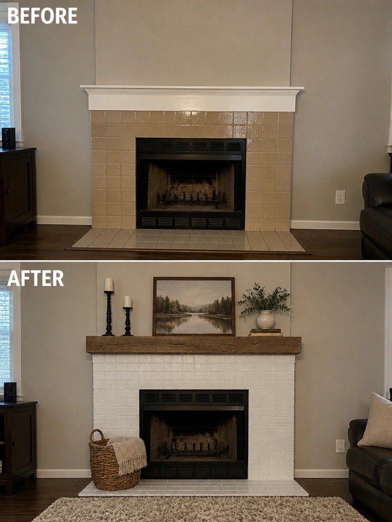 Before-and-after image of a fireplace with beige tile surround changed to white textured tile, a wooden mantel, and added styling.