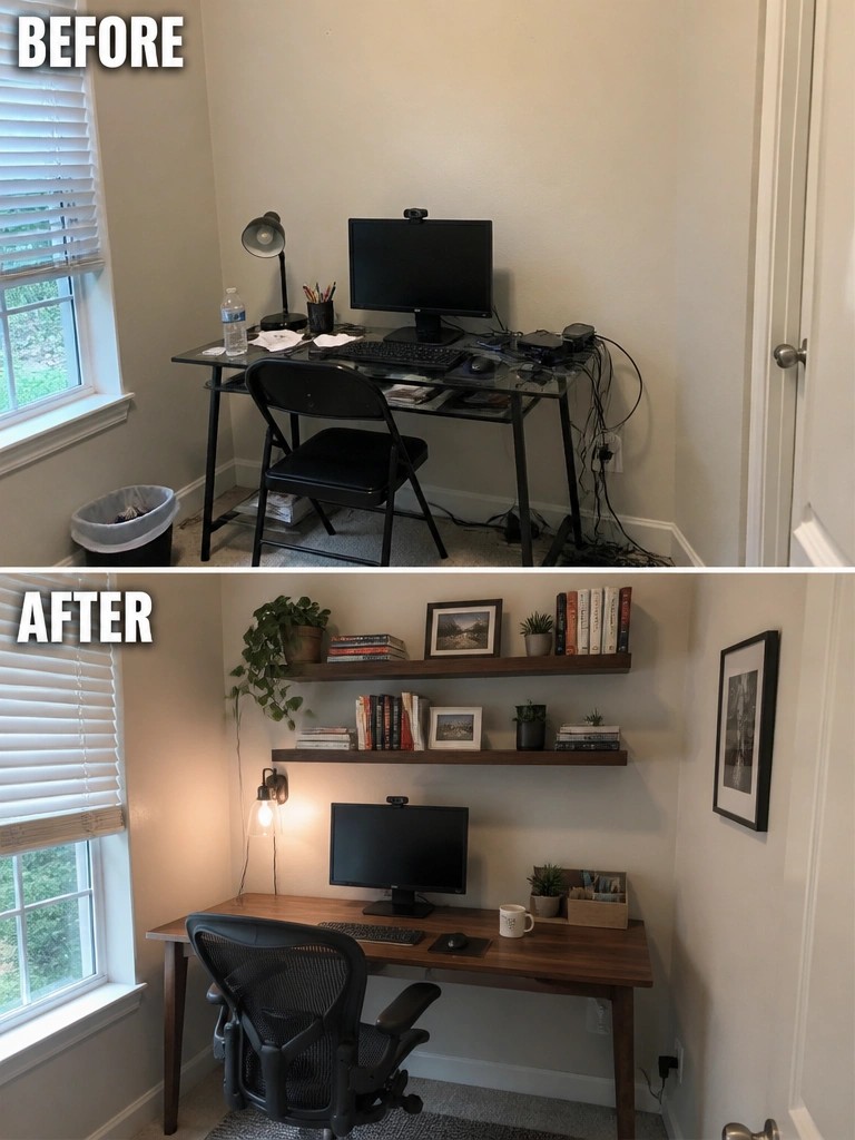 Before and after of cluttered glass desk transformed into organized wooden workspace with shelves
