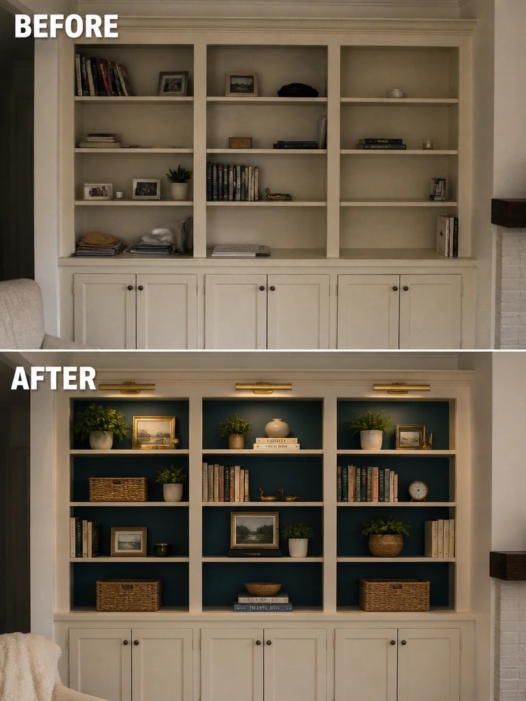 Before-and-after image of built-in bookshelves with the back walls painted a deep blue to create contrast.