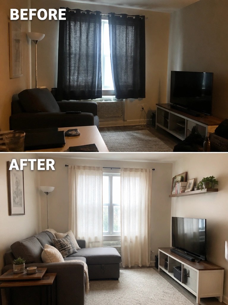 Before and after living room makeover with new sofa, curtains, and TV stand.