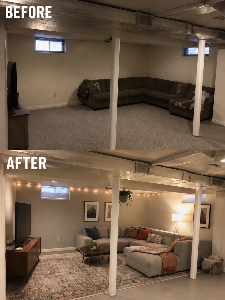 Before-and-after image of a basement living room updated with a large area rug, string lights, lamps, wall art, and rearranged seating.