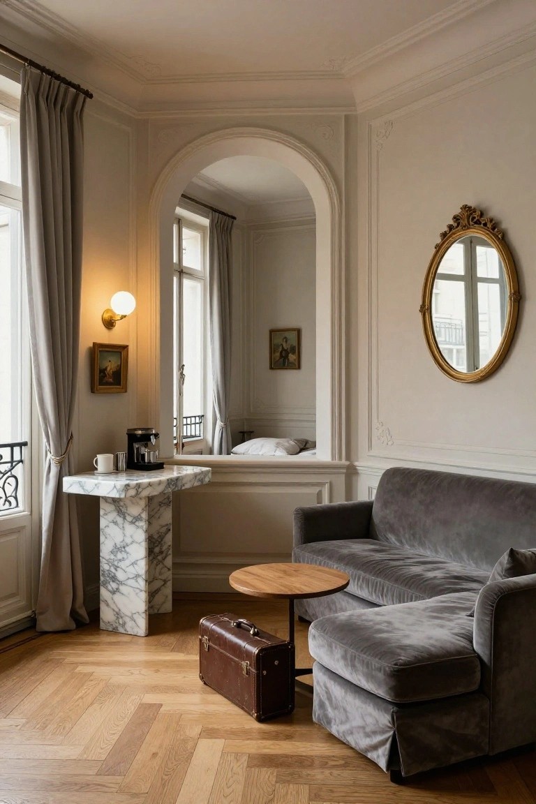 Light interior of a studio apartment living area with gray velvet L-shaped sofa and ottoman, oak coffee table, marble pedestal side table with coffee maker, arched opening to bedroom alcove, large windows with gray curtains, and ornate white walls.