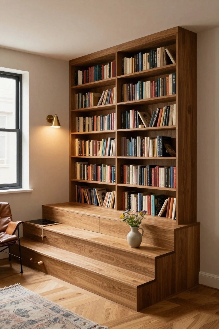 Tall wooden bookshelf unit with integrated low steps at the base, filled with assorted books, a vase of flowers on a step, leather chair nearby, window with wall light, and hardwood floors in a corner room