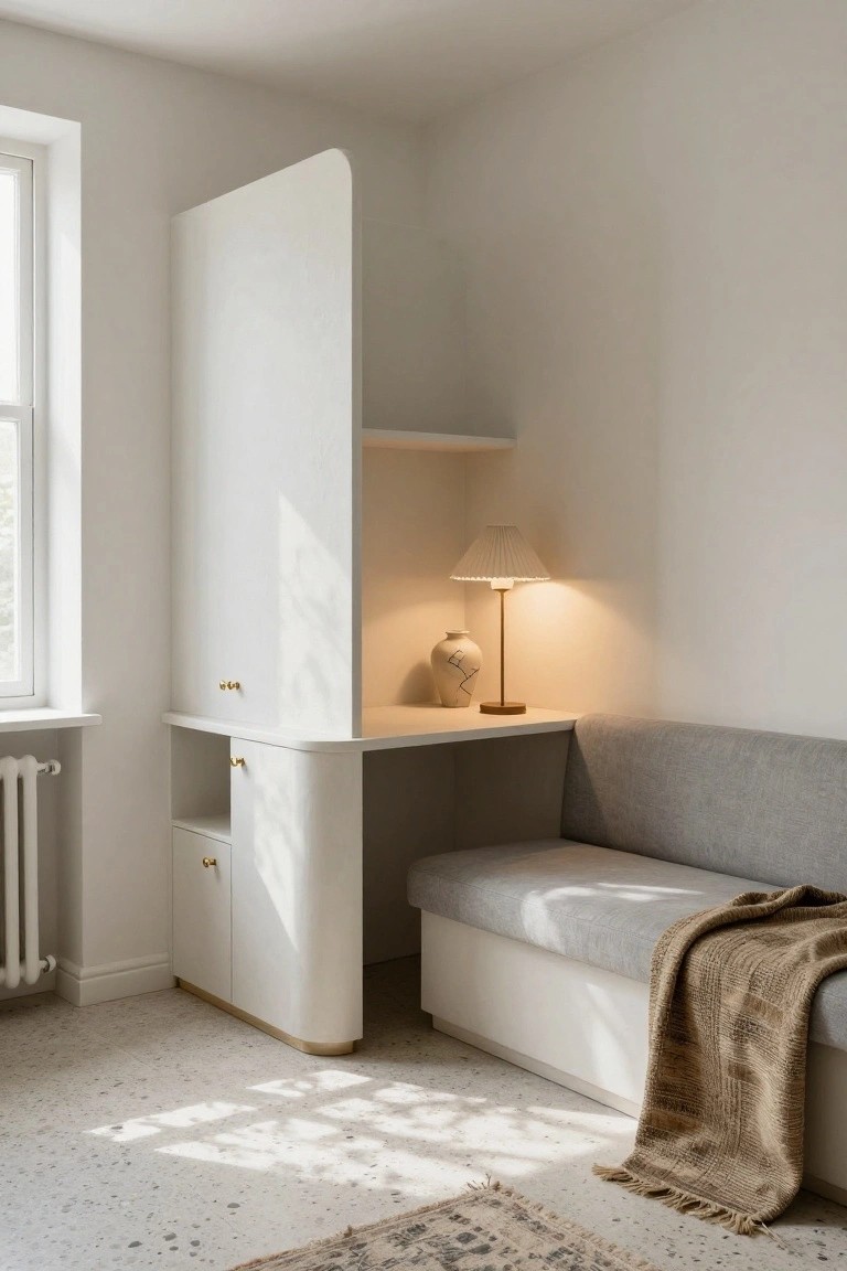 White curved built-in furniture unit featuring a desk surface, storage drawers, upper shelf with lamp and vase, and adjacent gray bench seat next to a window in a room with terrazzo flooring.