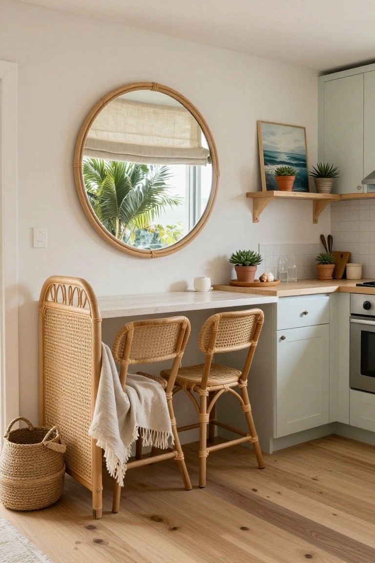 Small white kitchen counter serving as a bar with two rattan stools, one draped with a throw, a large round rattan mirror on the wall reflecting outdoor palms, potted plants on shelves, and sage green cabinets.