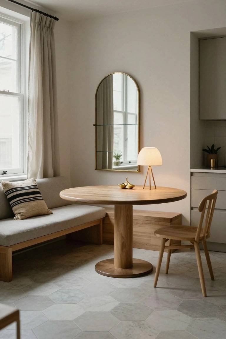 Round wooden pedestal table with built-in corner bench seating in a neutral-toned room, accompanied by a wooden chair, tripod lamp, arched mirror, and kitchen cabinets.