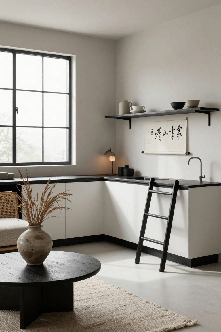Minimalist kitchen corner with white flat-panel cabinets, black countertop and ladder leaning beside sink, floating shelves holding ceramics and cups, black scroll artwork, large window with natural light, rattan chair with pampas grass vase, and black round coffee table on beige rug.