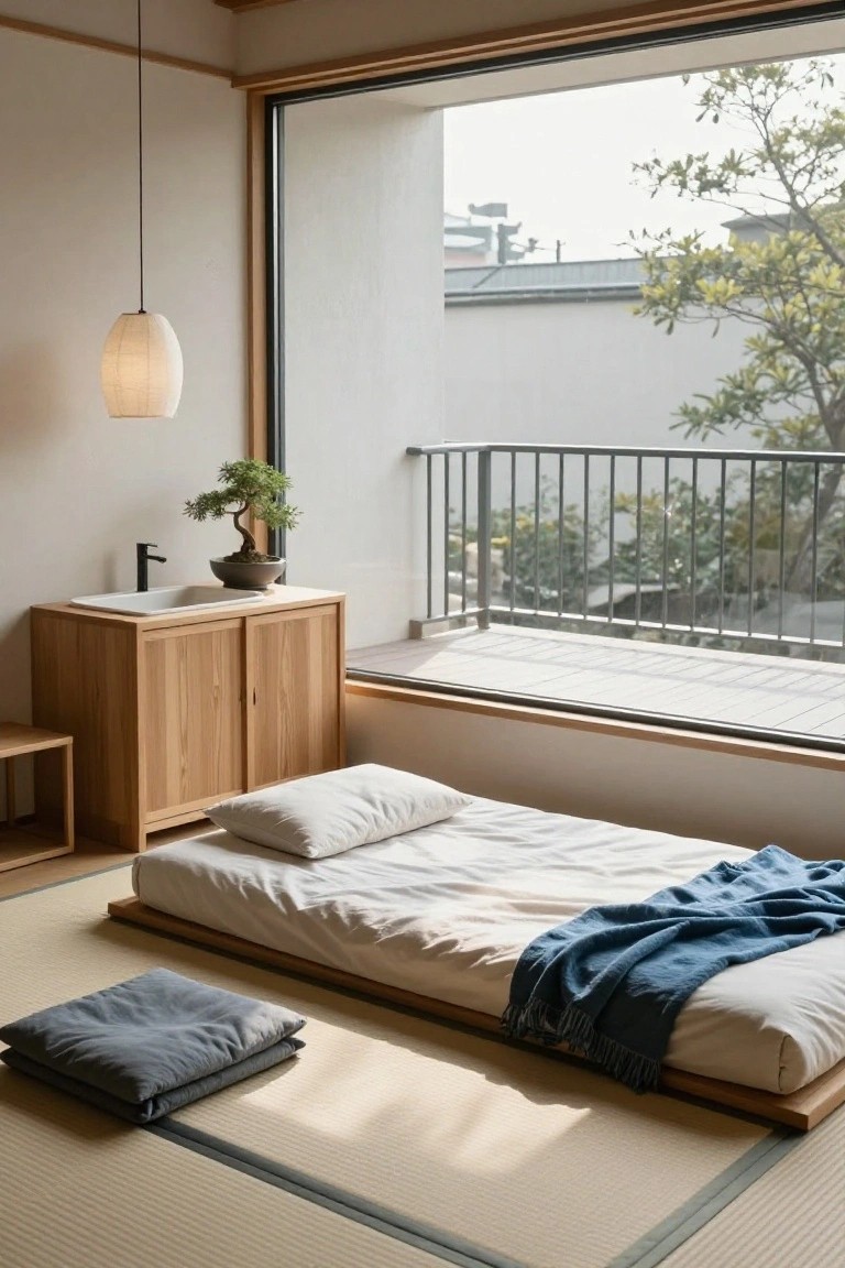 Minimalist interior room with light tatami mat flooring, low wooden platform bed topped with white sheets and blue blanket, wooden sink cabinet holding a bonsai tree, pendant lamp, and large window showing balcony railing and trees outside.