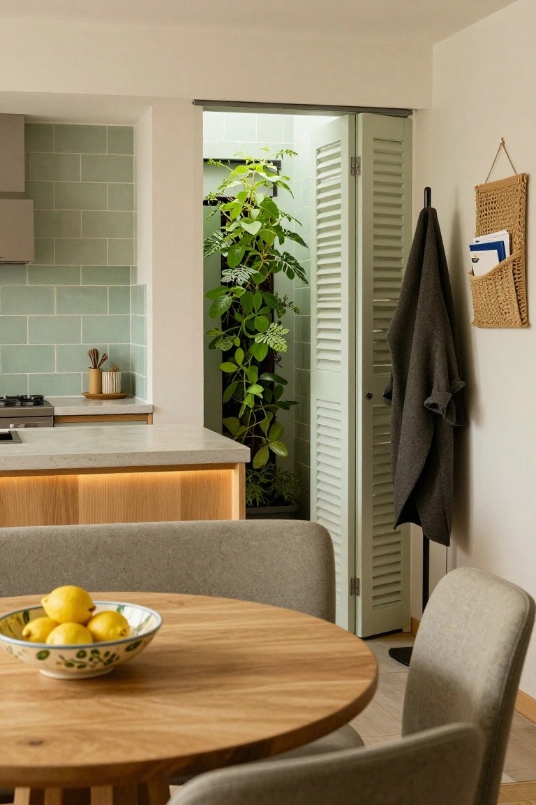 Kitchen with mint green tile backsplash, white counters, wooden dining table holding a bowl of lemons, gray upholstered chairs, and louvered doors partially open to reveal a dense green plant wall.