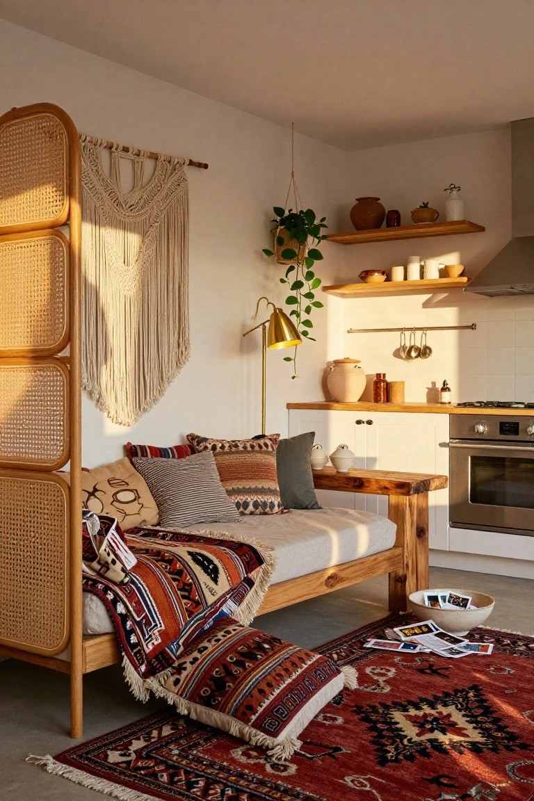 Studio apartment corner featuring a tall rattan screen enclosing a wooden daybed with assorted colorful pillows, blankets, and cushions, adjacent to a kitchen counter with shelves holding pottery, plants, and utensils.