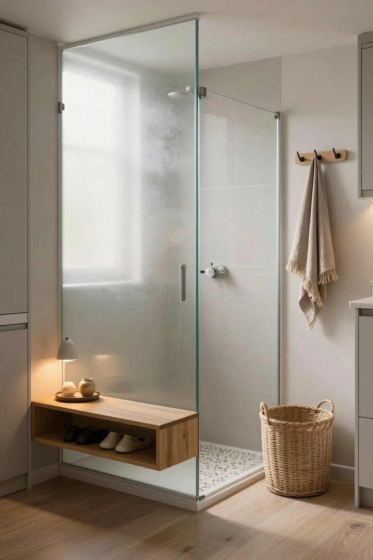 Modern bathroom with floor-to-ceiling glass shower enclosure, floating wooden bench shelf holding black shoes and white shoes below, small lamp and vase on bench top, beige towel on wooden hooks, and woven basket on oak floor.