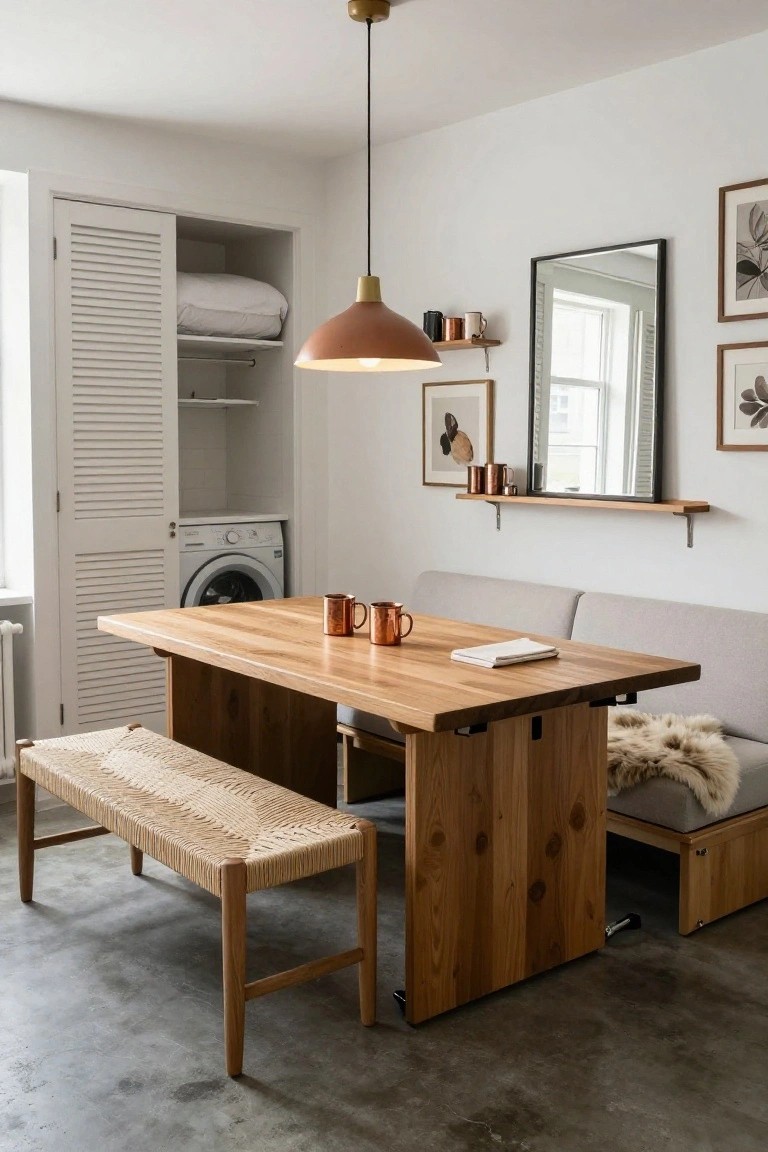 Interior of a studio apartment showing a wooden trestle table with rattan bench, adjacent gray sofa bed with fur throw, copper mugs and napkin on table, white louvered laundry cabinet, wall shelves, and mirror in a white room with concrete floor.