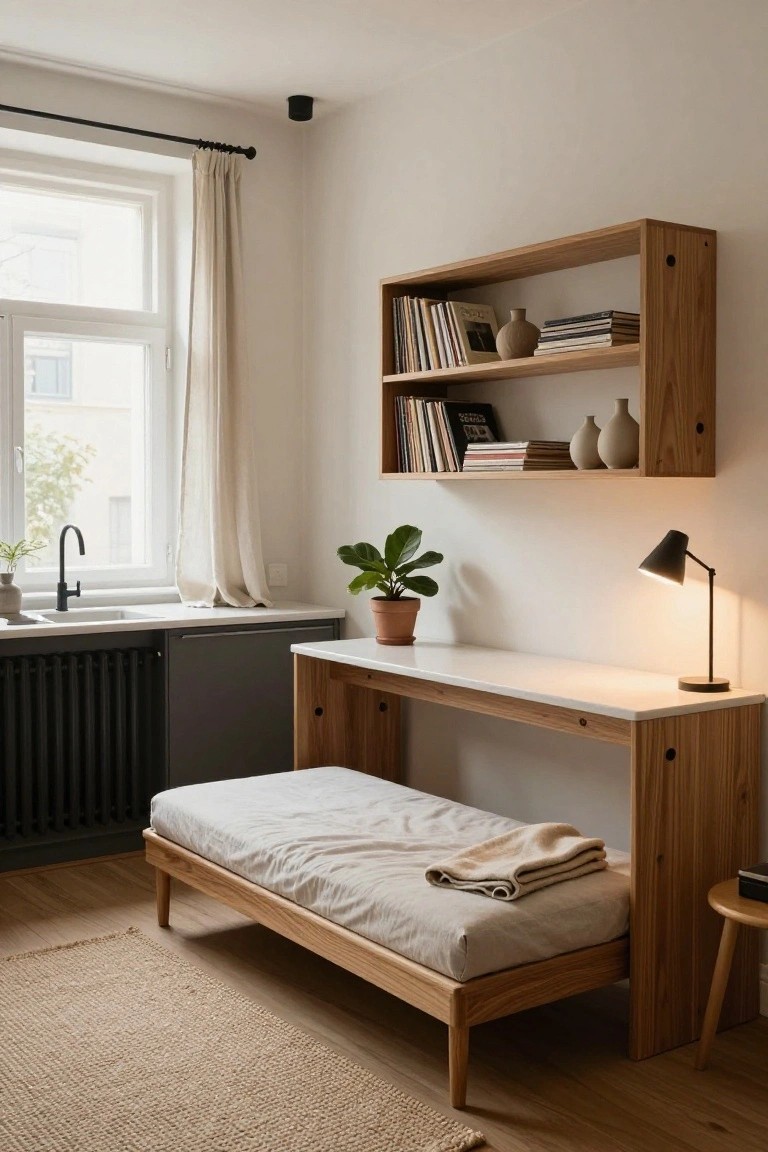 Studio apartment interior with wooden built-in desk doubling as daybed with white bedding, open wooden shelves above holding books and ceramics, adjacent gray kitchen cabinets and sink, potted plants, and small wooden stool.