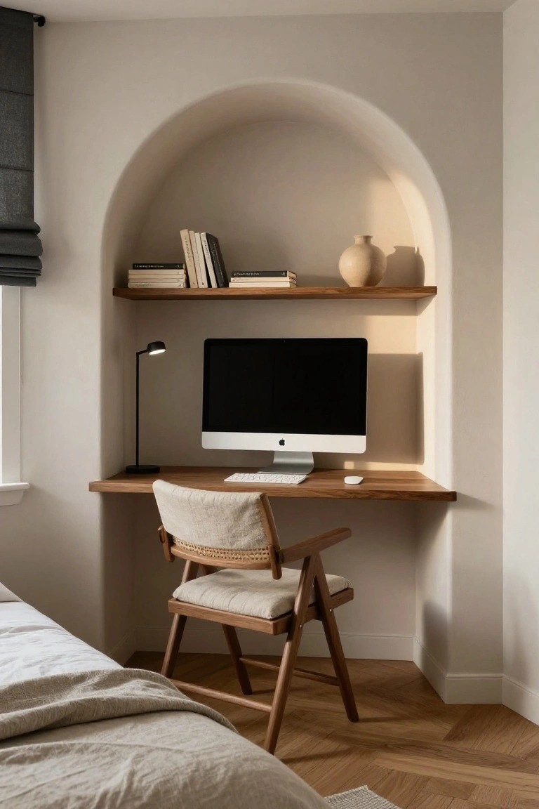 Beige bedroom corner with arched built-in wooden shelves holding books and a vase above a floating desk with iMac monitor, keyboard, black task lamp, and rattan chair, beside a bed on oak parquet floor.