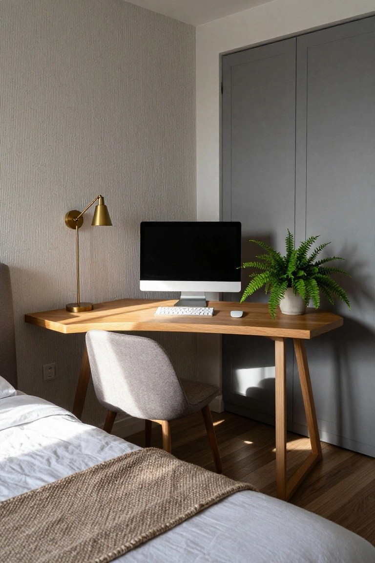 Angled wooden desk in a bedroom corner with iMac monitor, keyboard, mouse, potted fern, grey chair, gold lamp, bed with beige throw, and grey wardrobe doors.