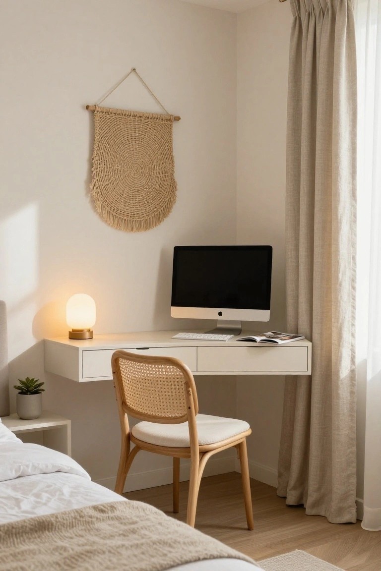 White floating desk with iMac monitor and keyboard mounted on bedroom wall corner, rattan chair underneath, gold-based lamp on shelf, macrame wall hanging above, potted succulent on nightstand, beige bed linens, and light curtains.