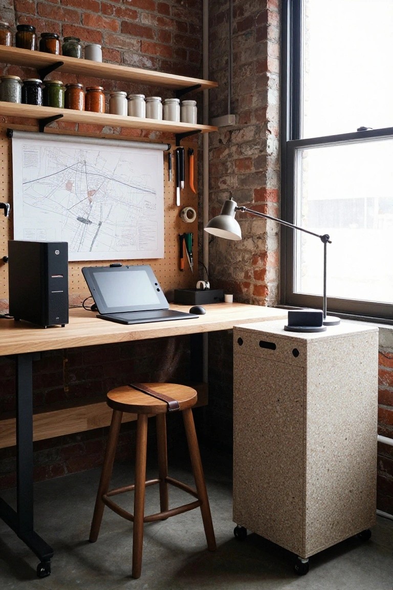 PC workstation on wooden desk in room with exposed red brick walls, wooden shelves holding jars, pegboard with tools and map, graphics tablet, laptop, stool, and castered white cabinet nearby.
