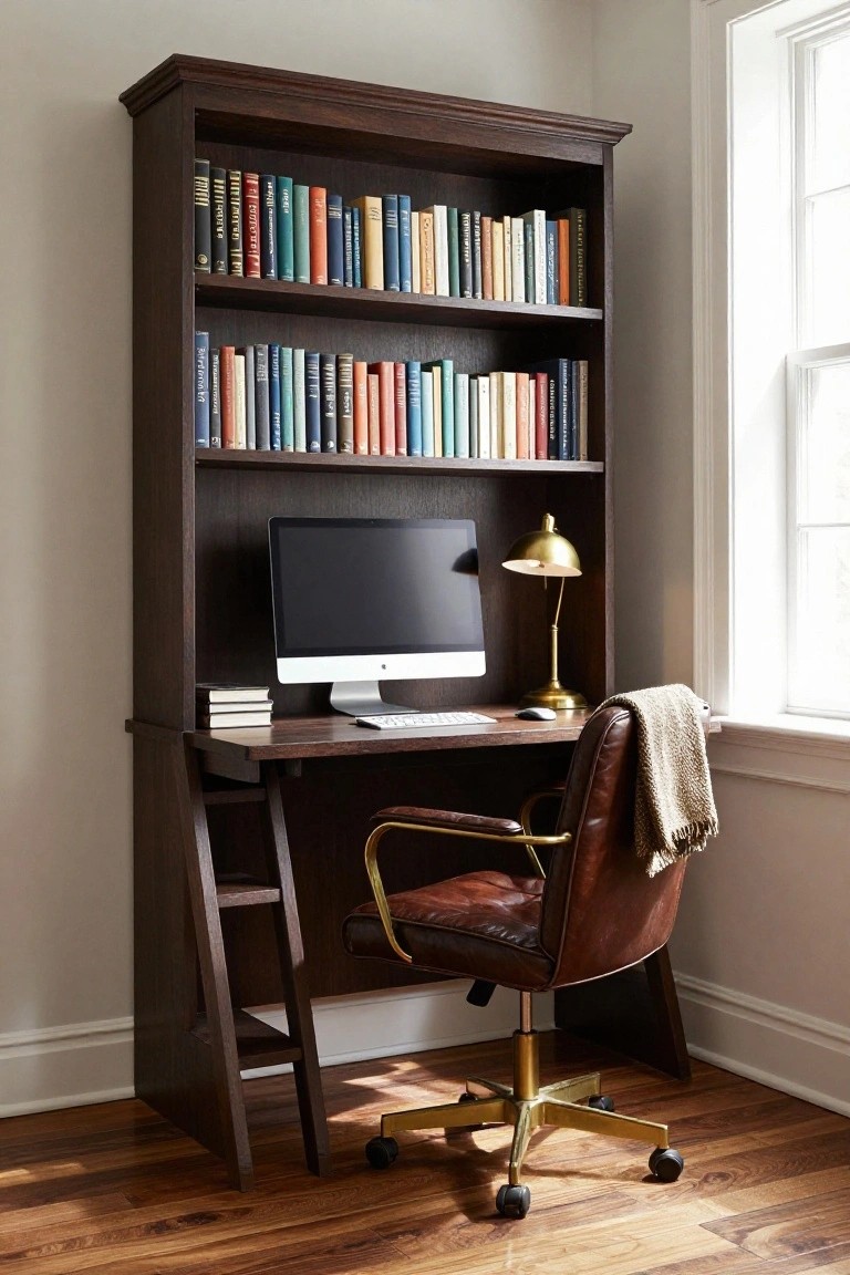 Tall wooden bookcase with integrated desk area holding an iMac computer, keyboard, books, gold desk lamp, leather armchair with throw blanket, and pull-out ladder steps in a corner room with window and hardwood floor.