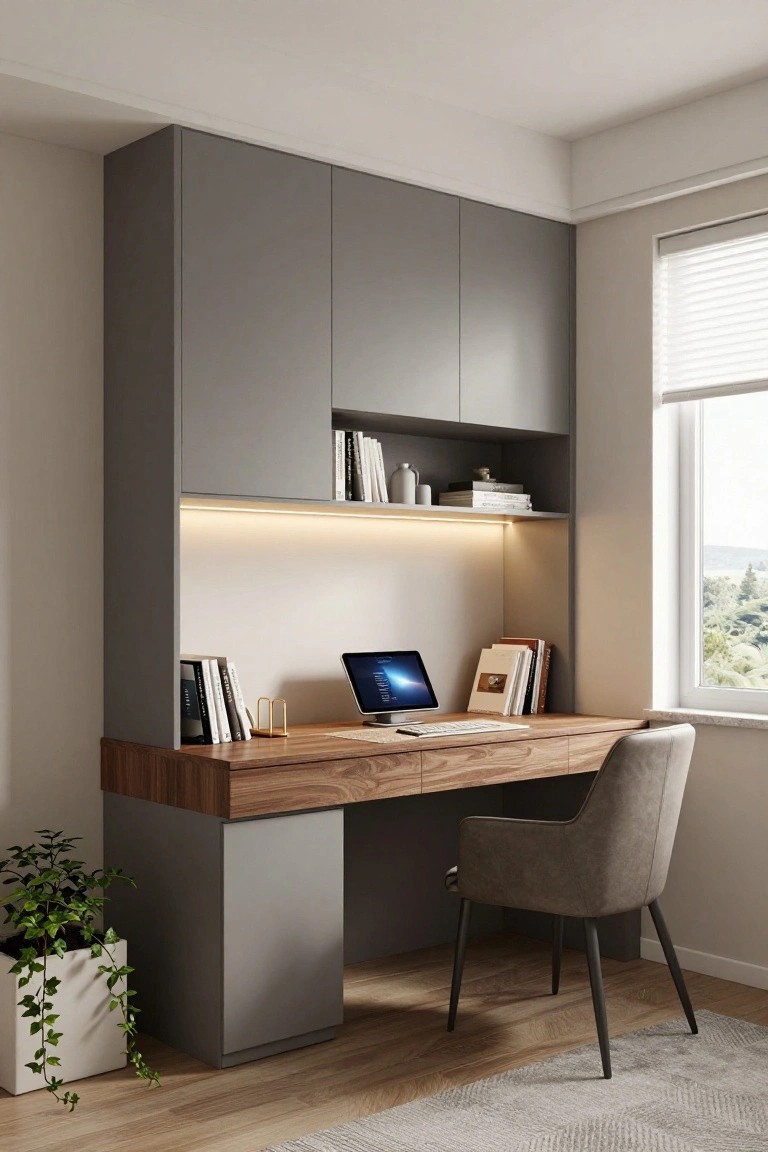 Modern home office corner with tall gray built-in cabinets, wooden floating desk holding a laptop and books, open shelves above, LED underlighting, gray upholstered chair, potted plant, and window with blinds overlooking greenery.