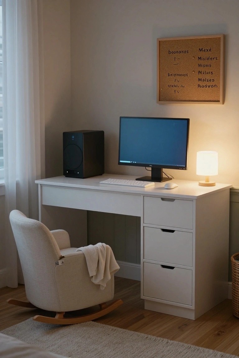 Photo of a minimalist home office featuring a white desk with drawers, blue-lit computer monitor, black speaker, white keyboard and mouse, small lamp, and a cream upholstered rocking chair with a white blanket, set against neutral walls with sheer curtains and a corkboard.