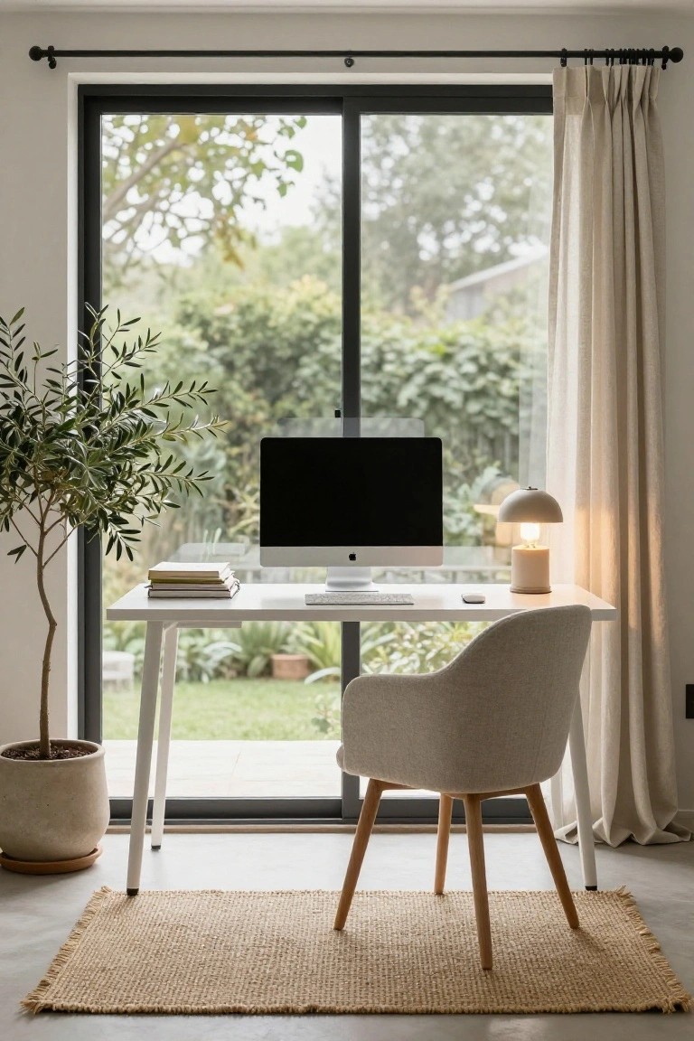 Modern home office with white splayed-leg desk holding an iMac and books, cream armchair, large potted olive tree, mushroom lamp, seagrass rug, and black-framed sliding doors with linen curtains to a green garden.