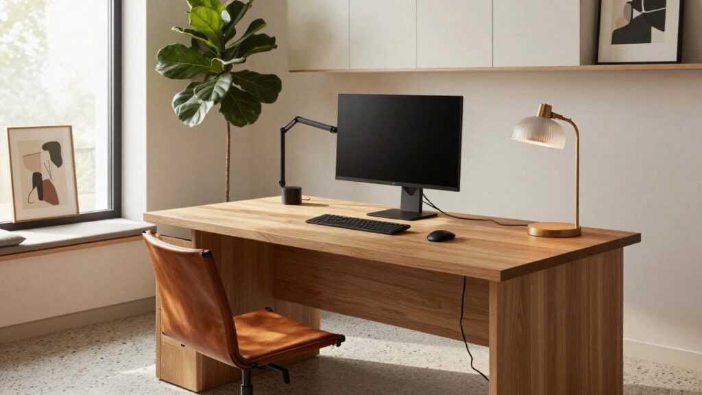 Modern home office corner with oak wood desk, tan leather swivel chair, black computer monitor and speaker, keyboard, mouse, desk lamp, large potted fiddle leaf fig plant, white upper cabinets, floating oak shelves, and window with sheer blinds.