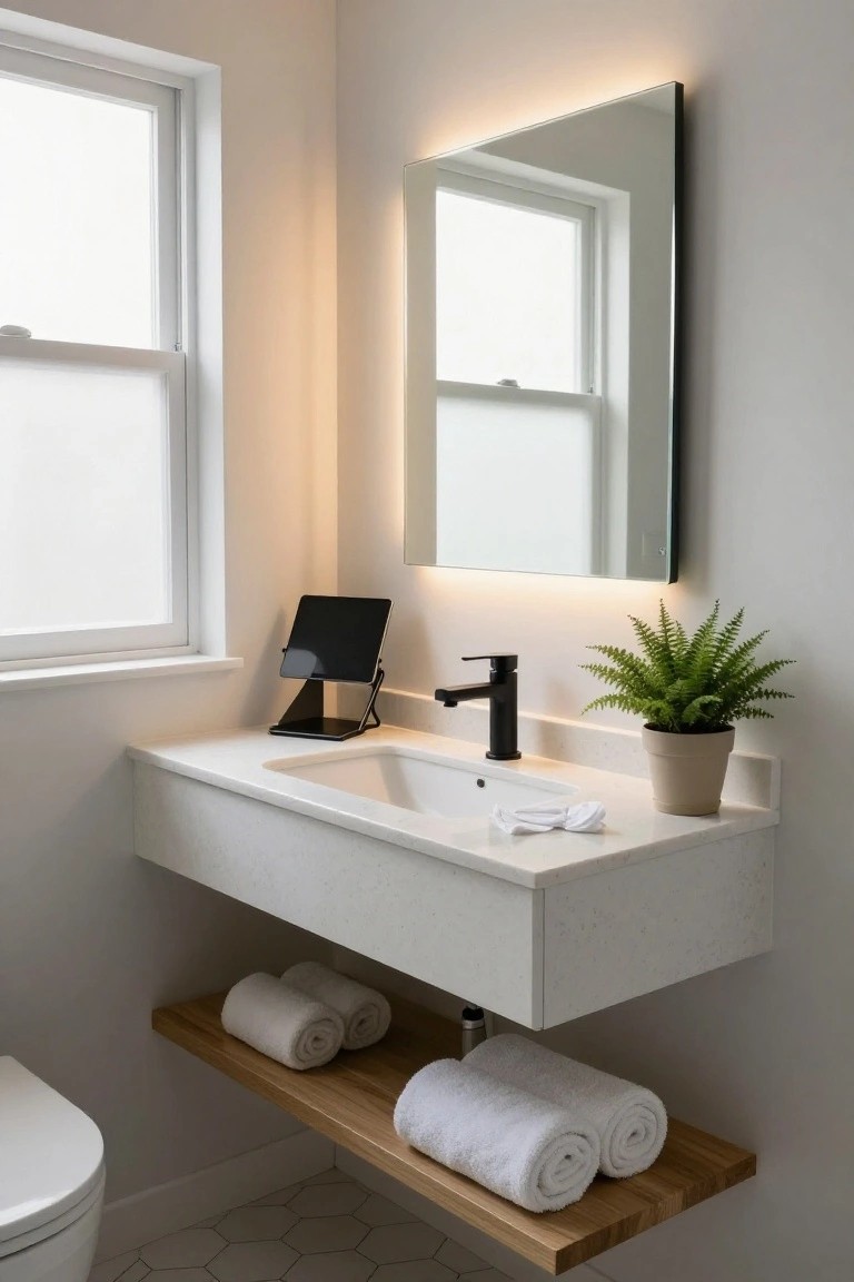 Modern bathroom with white floating vanity, black faucet, backlit mirror, iPad stand, potted fern plant on counter, wooden shelf below vanity holding rolled white towels, frosted window, and white toilet.