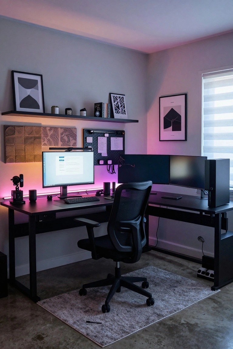 Modern indoor PC gaming setup on a black L-shaped desk with dual monitors, RGB LED strips emitting purple light underneath, ergonomic black mesh chair, wall shelves with abstract art, pegboard, and tower PC.