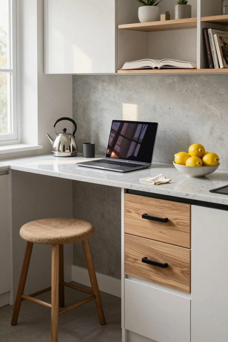 Modern kitchen nook with white marble countertop holding a laptop, silver kettle, black mug, bowl of lemons, and linen napkin, paired with a rattan stool, oak-accented drawers, concrete backsplash, and open shelves with plants and books.